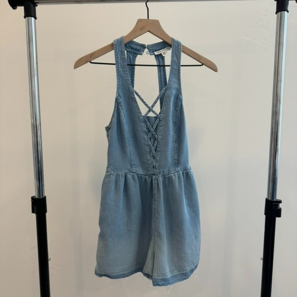 American Eagle Pinstripe Blue Chambray Romper (XS)